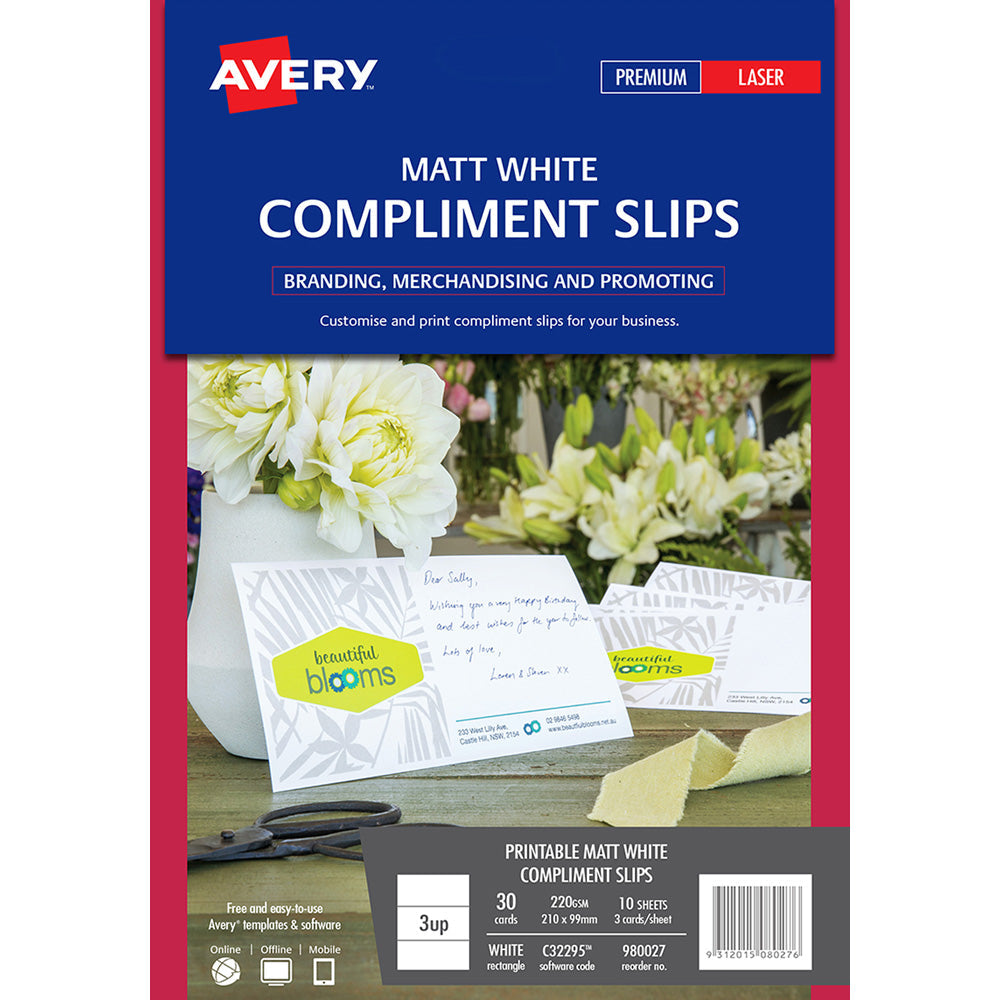Avery Compliment Card Matt White Laser 210x99mm 3up 10 Sheets - Cafe Supply