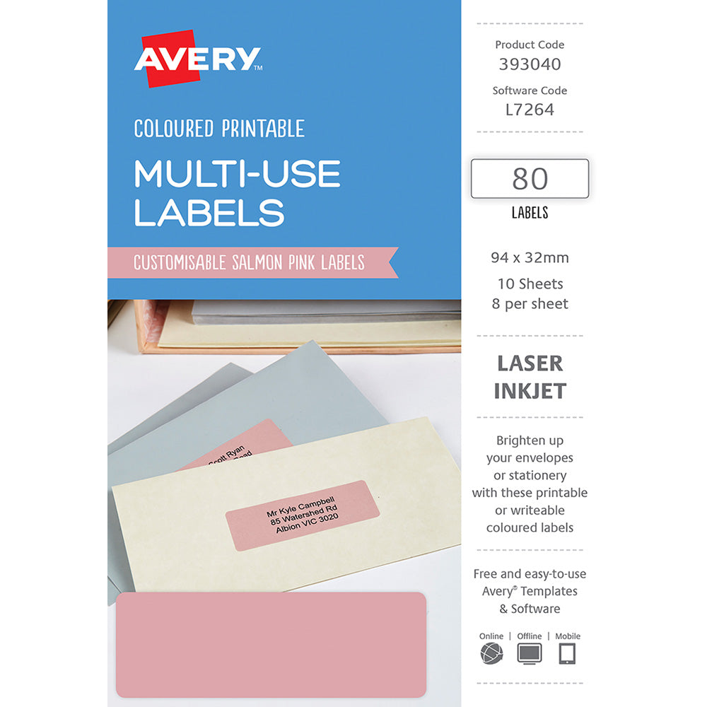 Avery Labels L7264 Salmon 32x94 A5 8up 10 Sheets - Cafe Supply
