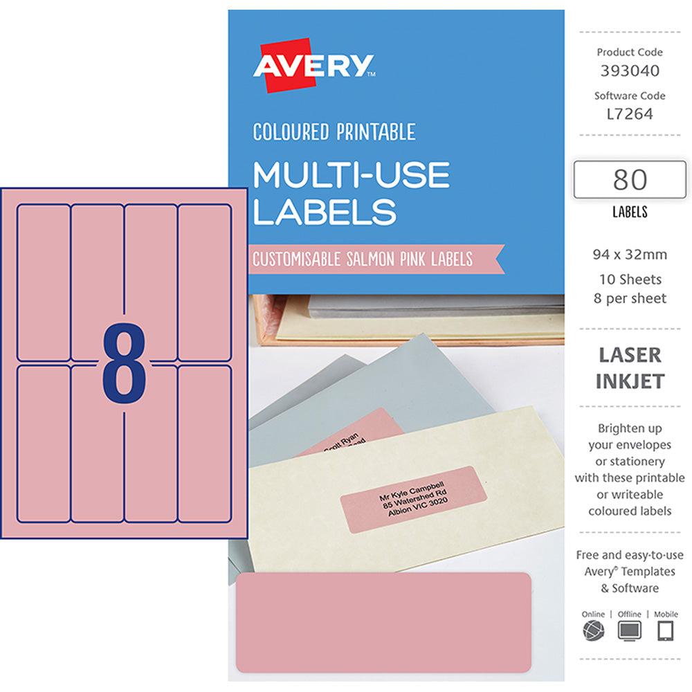 Avery Labels L7264 Salmon 32x94 A5 8up 10 Sheets - Cafe Supply