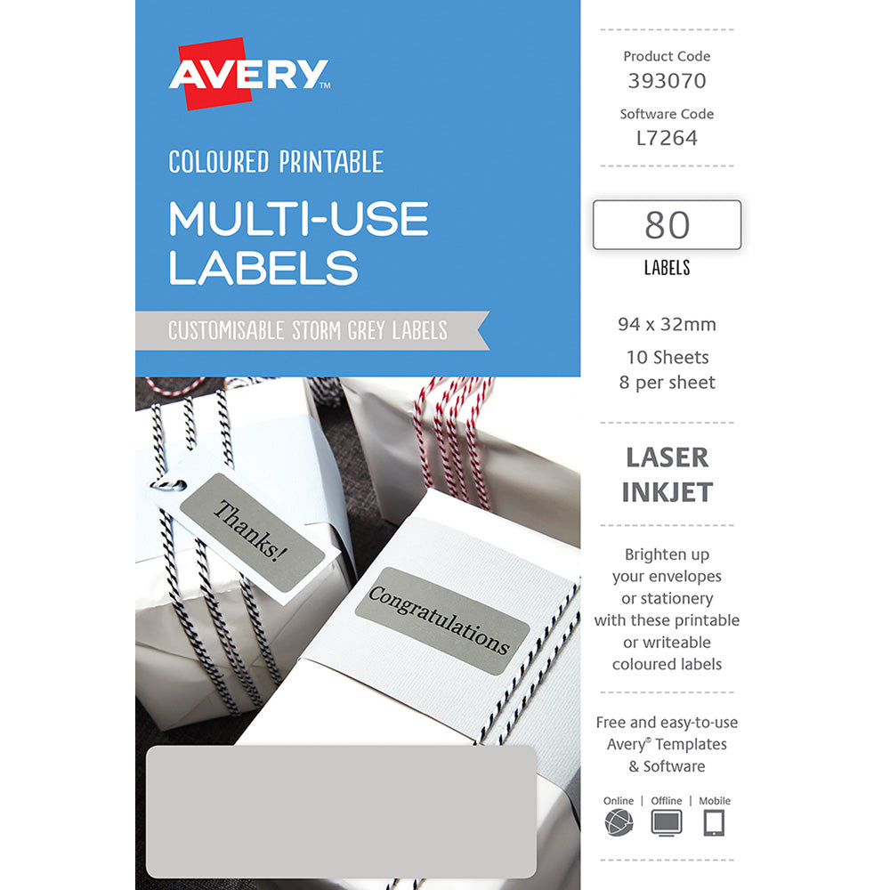Avery Labels L7264 Storm Grey 32x94 A5 8up 10 Sheets - Cafe Supply