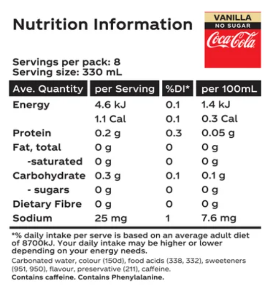 Coca-Cola Vanilla No Sugar Soft Drink Cans 8 x 330ml