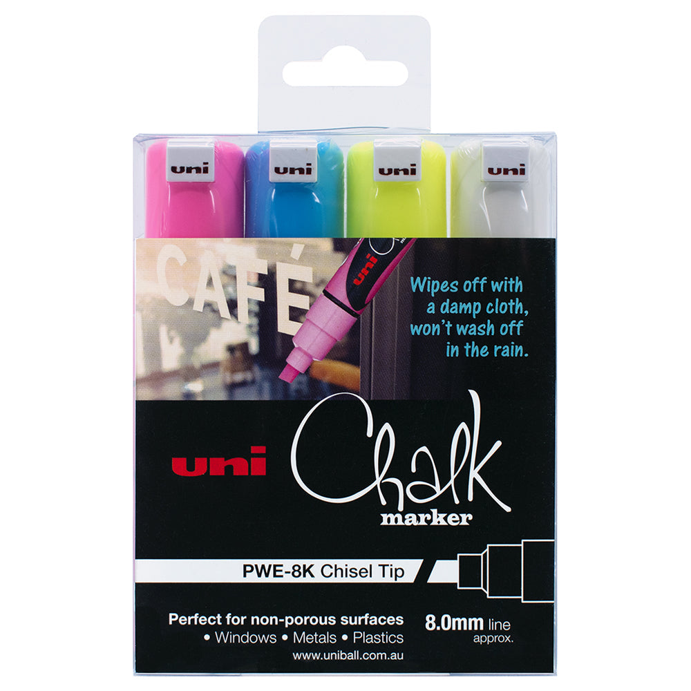 Uni Chalk Marker 8.0mm Chisel Tip 4 Pack PWE-8K - Cafe Supply