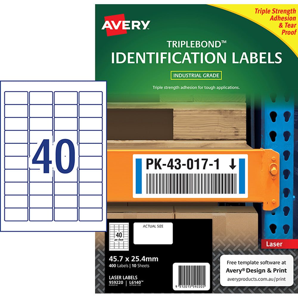 Avery Triplebond Label L6140 White Laser 45.7x25.4mm 40up 10 Sheets - Cafe Supply