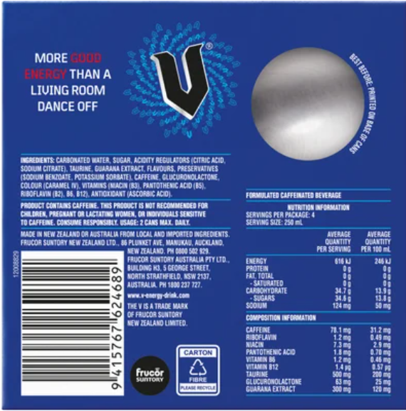 V Blue Guarana Energy Drink 4 x 250ml - Cafe Supply