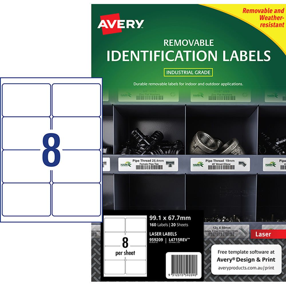 Avery Weather Resistant Removable Label L4715 Laser 99.1x67.7mm White 8up 20 Sheets - Cafe Supply