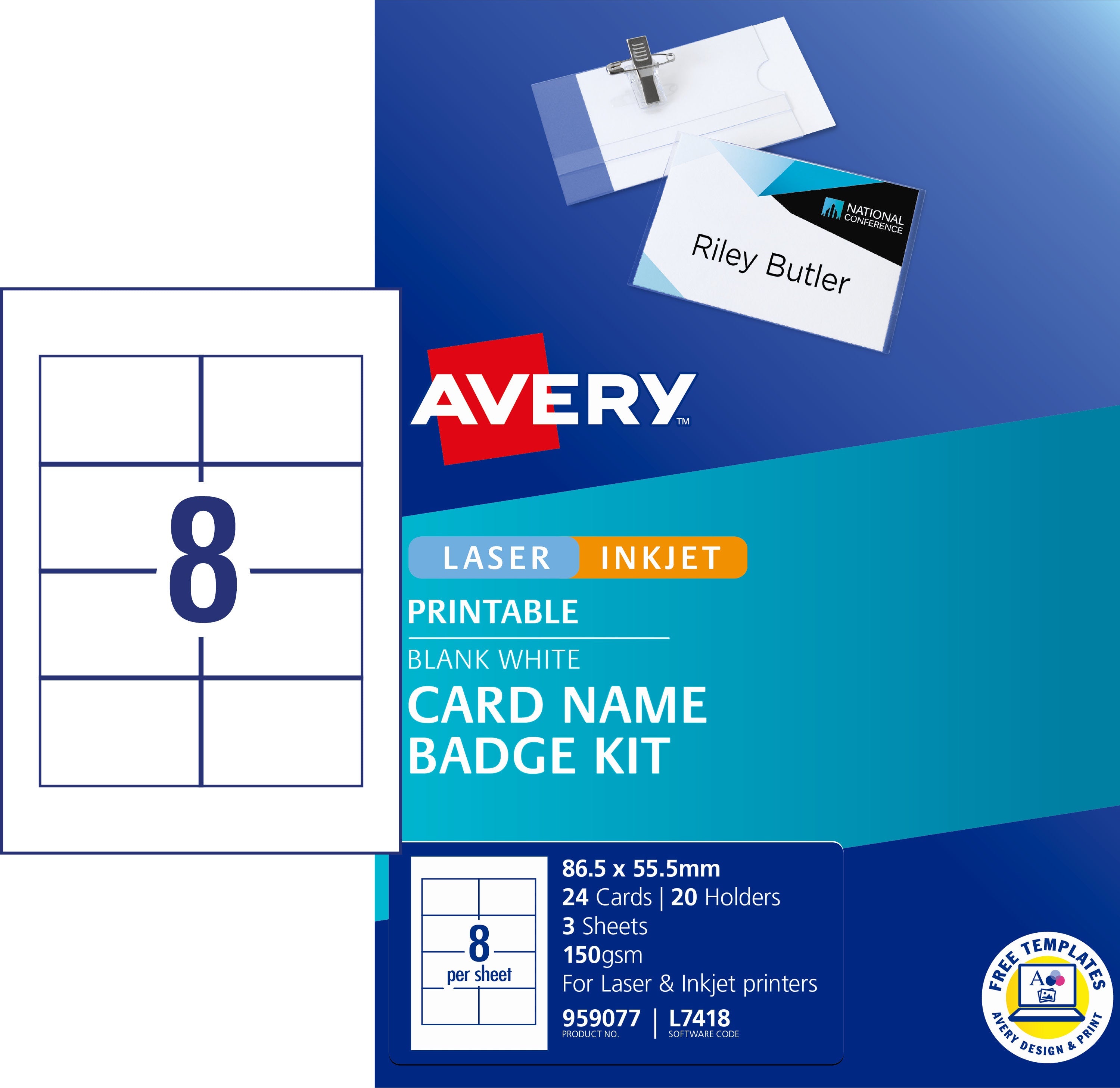 Avery Card Name Badges Kit 86.5x55.5mm 8up 3 Sheets Inkjet Laser L7418 - Cafe Supply