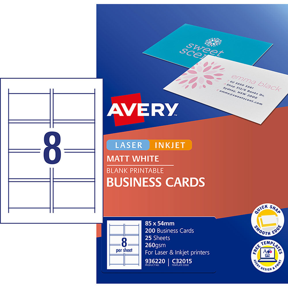 Avery Business Cards Inkjet 8up 25 Sheets C32015 - Cafe Supply