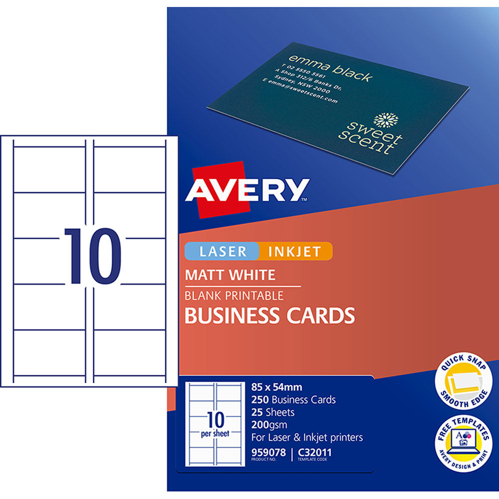 Avery Business Cards Inkjet Laser 10up 25 Sheets C32011 - Cafe Supply