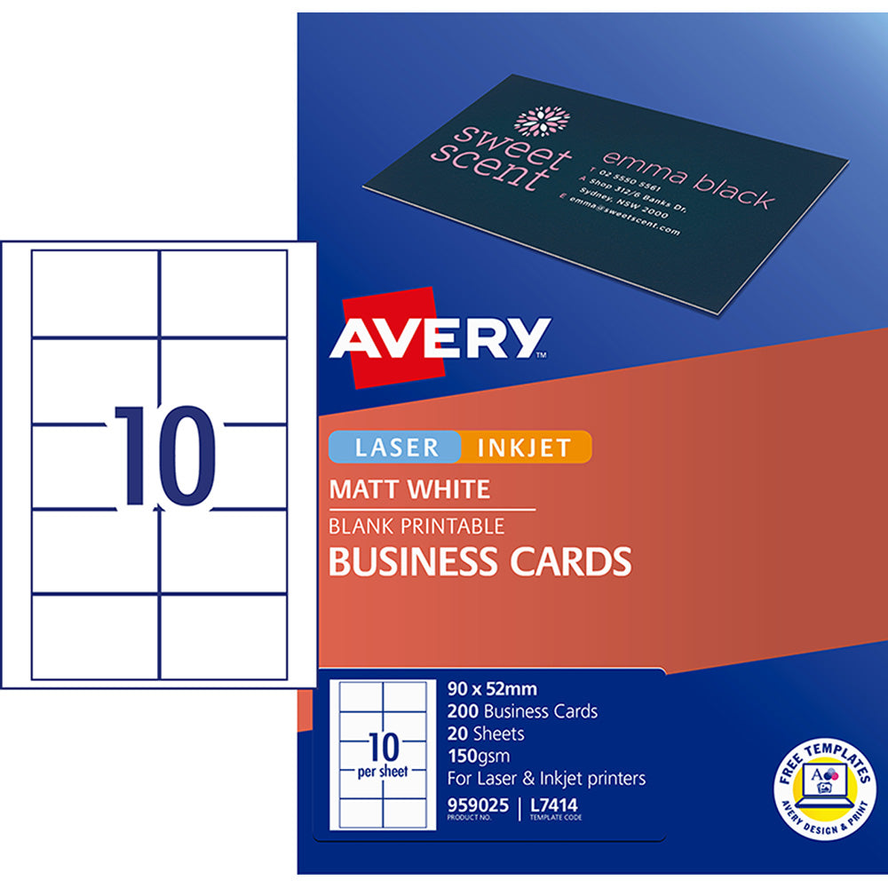 Avery Business Cards L7414-20 20 Inkjet Laser 10up 20 Sheets - Cafe Supply