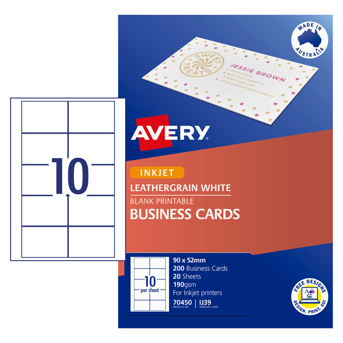 Avery Business Cards Leathergrain 190gsm Inkjet Laser 10up 20 Sheets IJ39 - Cafe Supply