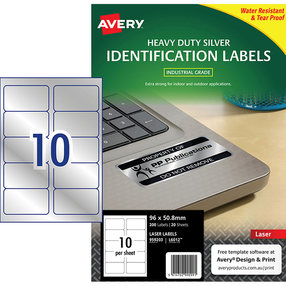 Avery Heavy Duty ID Label L6012 Silver Laser 96x50.8mm 10up 20 Sheets - Cafe Supply