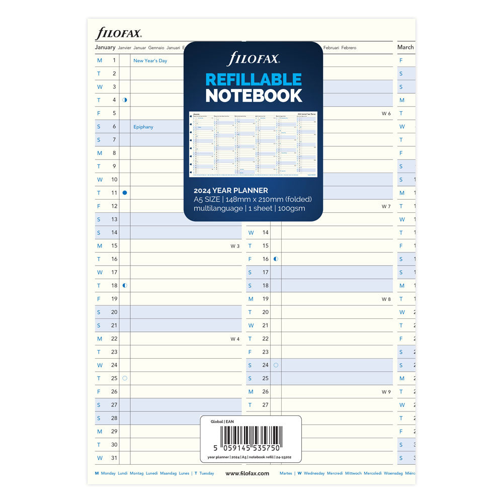 Filofax Refill Notebook A5 Year Planner 2024