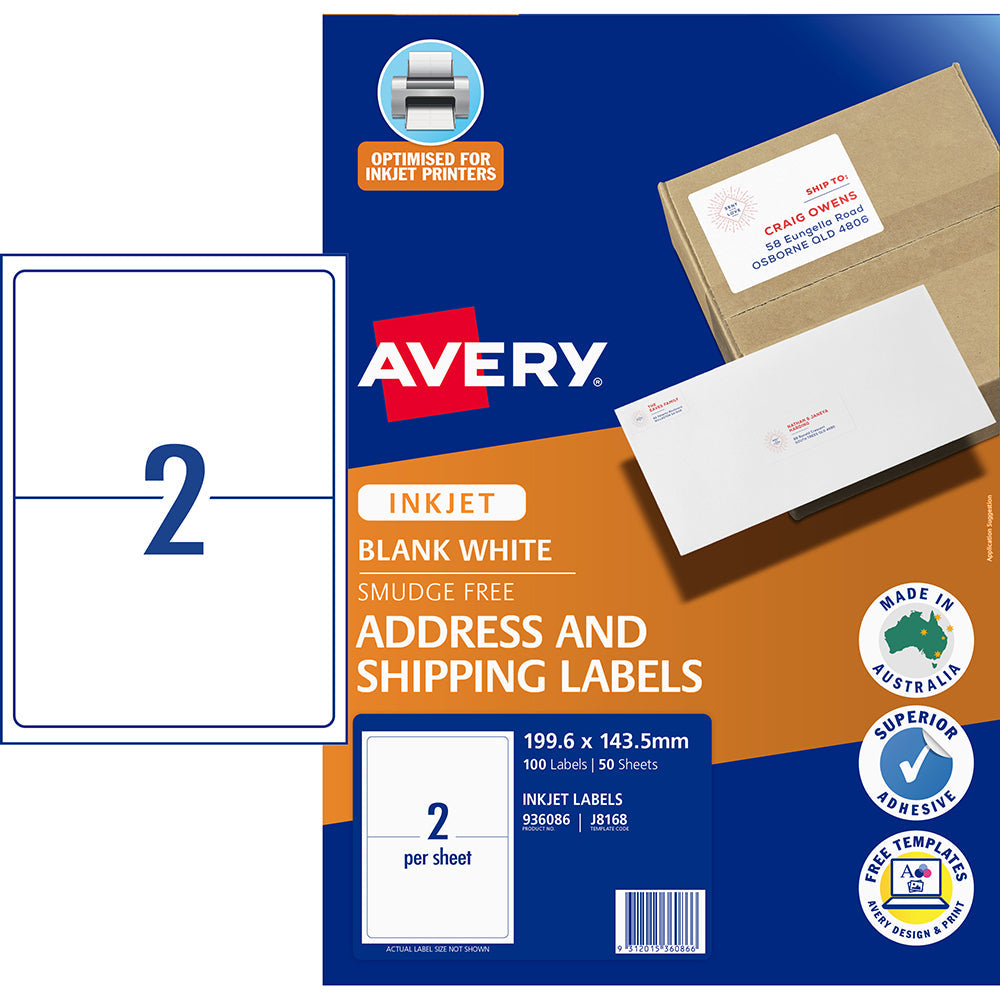 Avery Label J8168-50 Inkjet 2up 50 Sheets 199x143mm - Cafe Supply