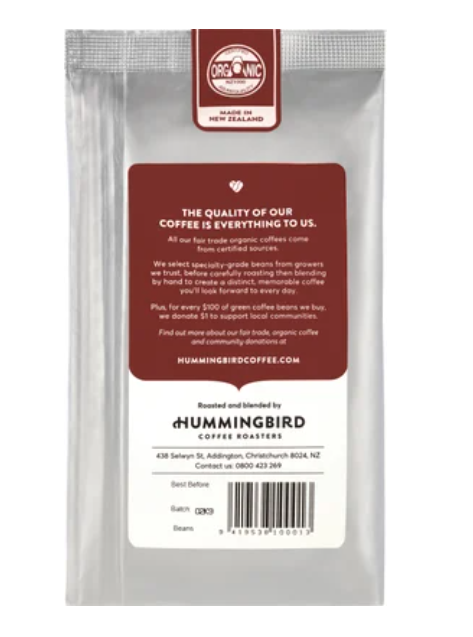 Hummingbird Nectar Fair Trade Organic Fresh Whole Beans Coffee 500g