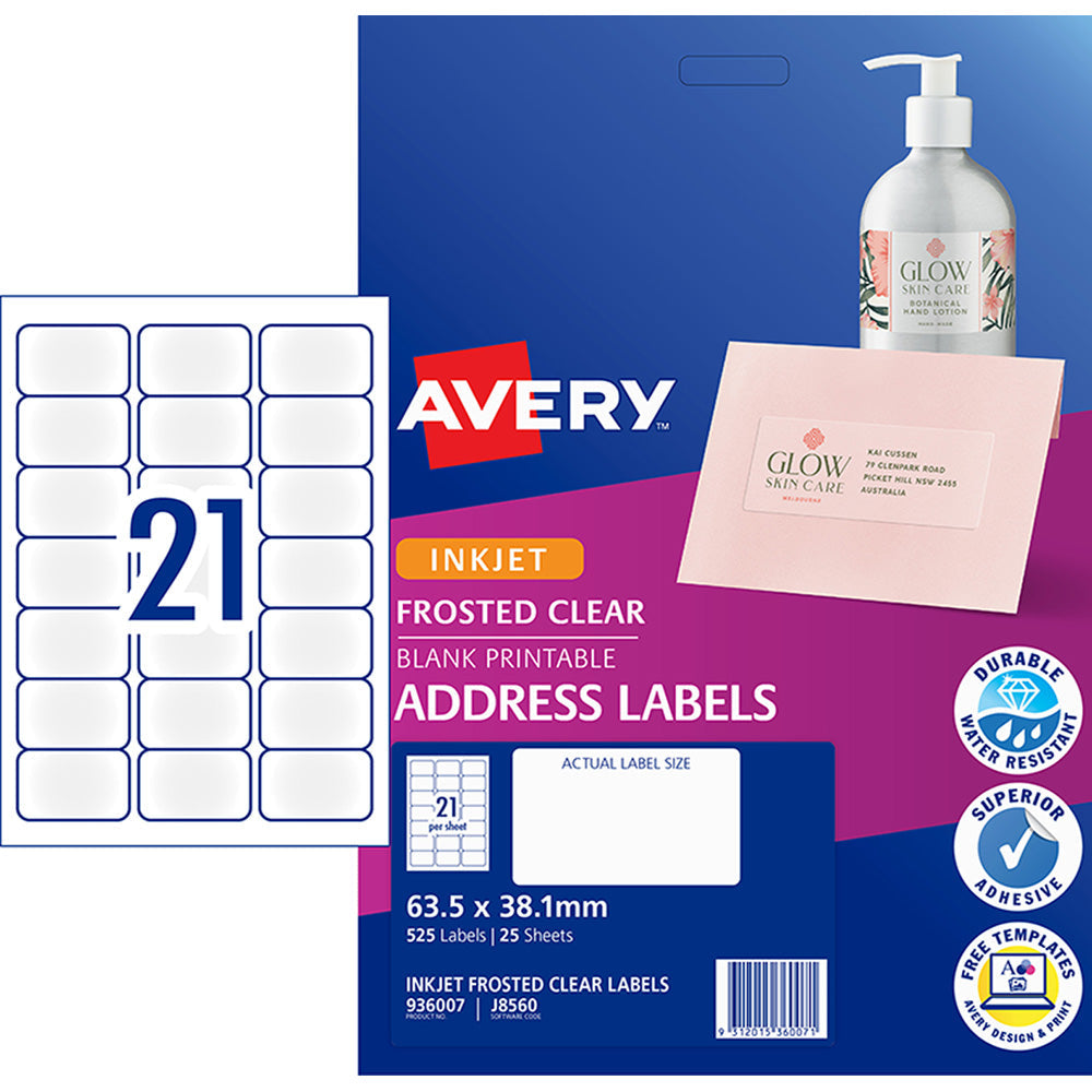 Avery Label J8560 Frosted Clear 63.5mmx38.1mm 21up 25 Sheets Inkjet - Cafe Supply