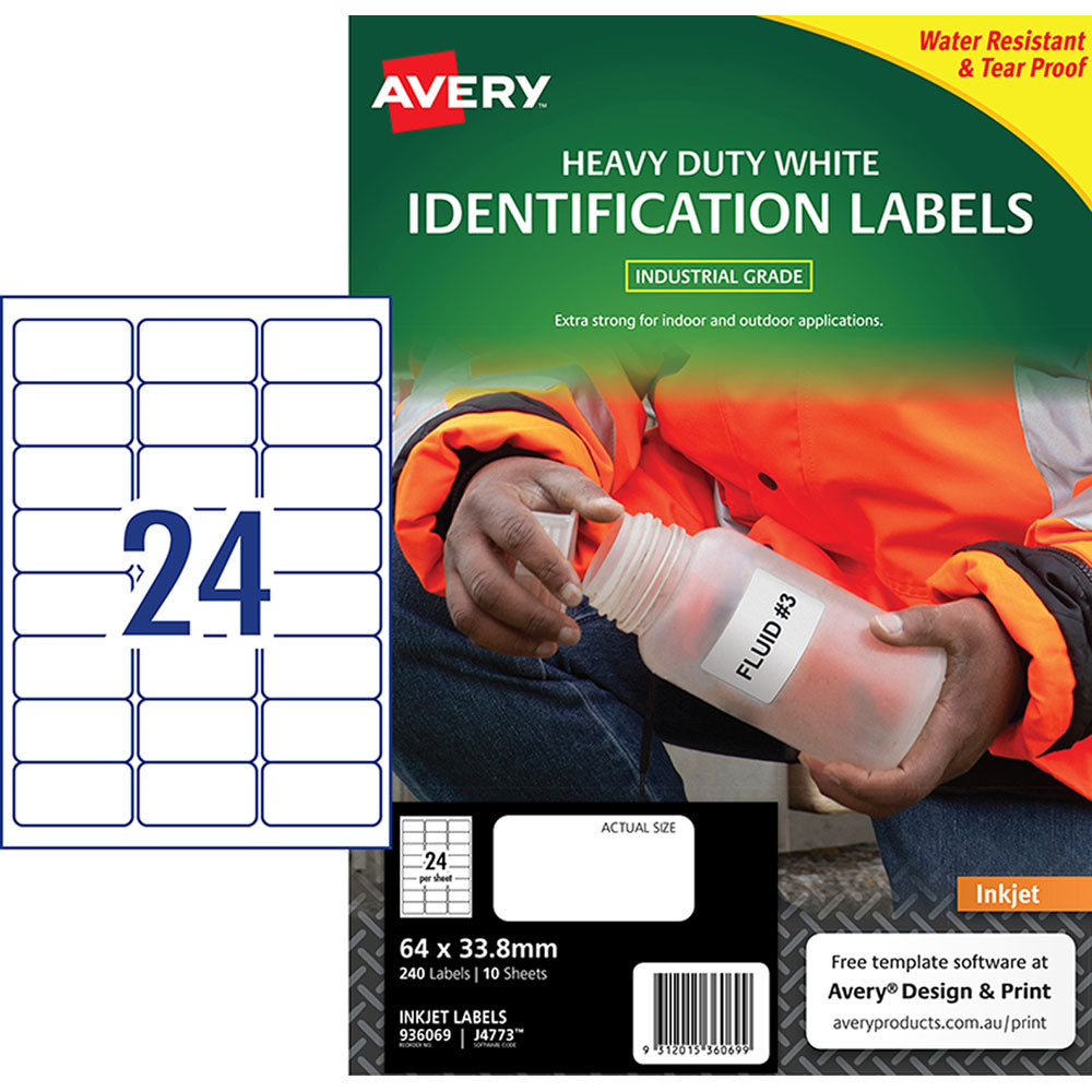 Avery Heavy Duty ID Label J4773 White Inkjet 64x33.8mm 24up 10 Sheets - Cafe Supply