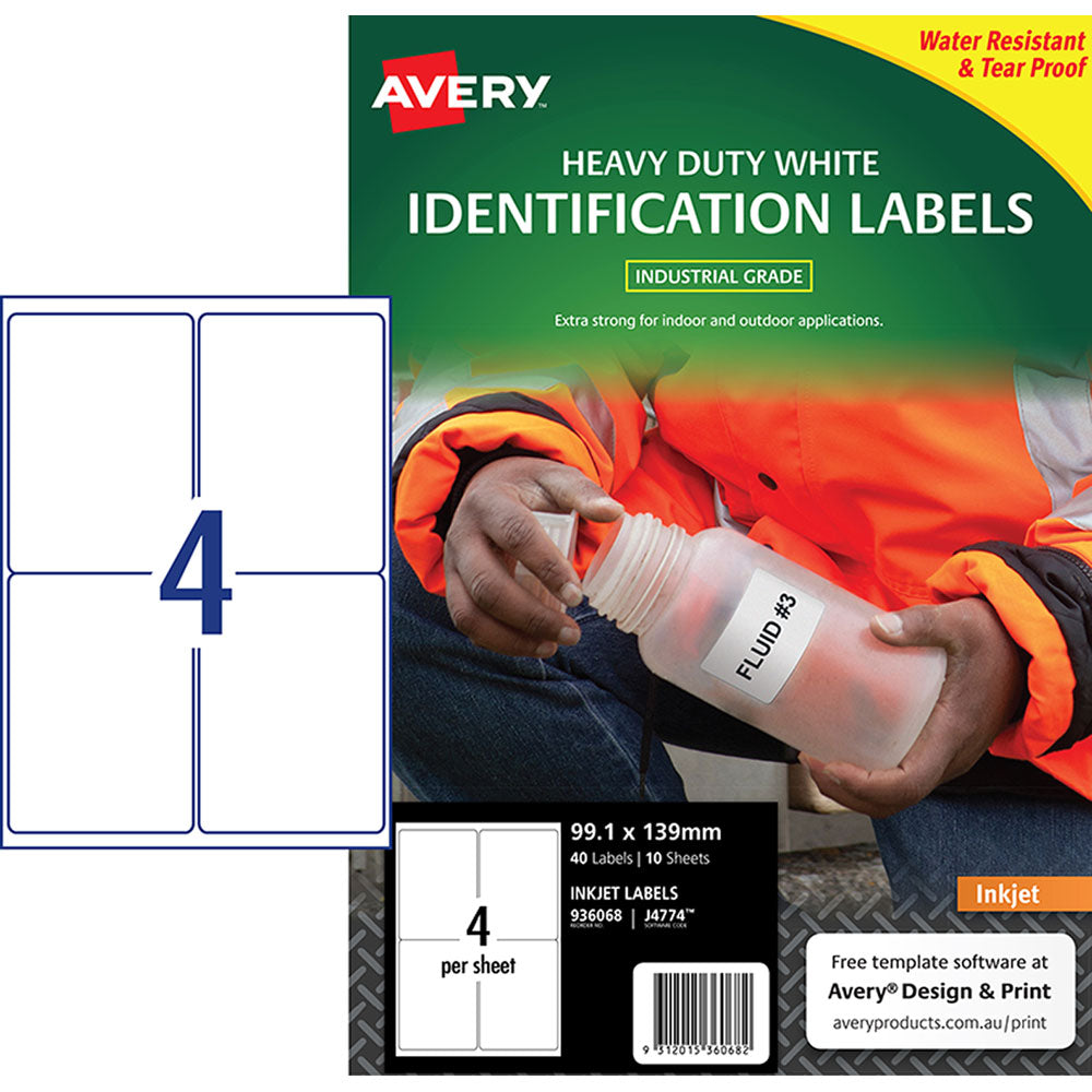 Avery Heavy Duty ID Label J4774 White Inkjet 99.1x139mm 4up 10 Sheets - Cafe Supply