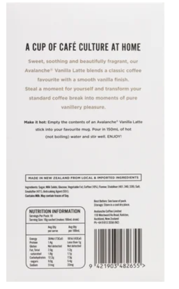 Avalanche Vanilla Latte Coffee Sticks 10 x 16g - Cafe Supply