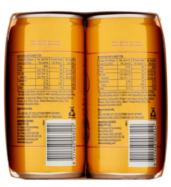 Bundaberg Ginger Beer Mini Cans 6 x 200ml - Cafe Supply