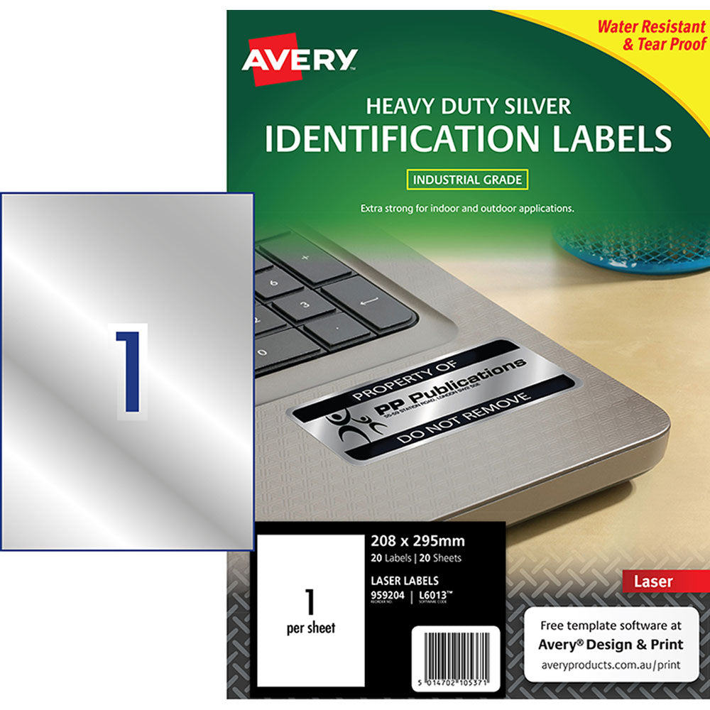 Avery Heavy Duty ID Label L6013 Silver Laser 208x295mm 1up 20 Sheets - Cafe Supply