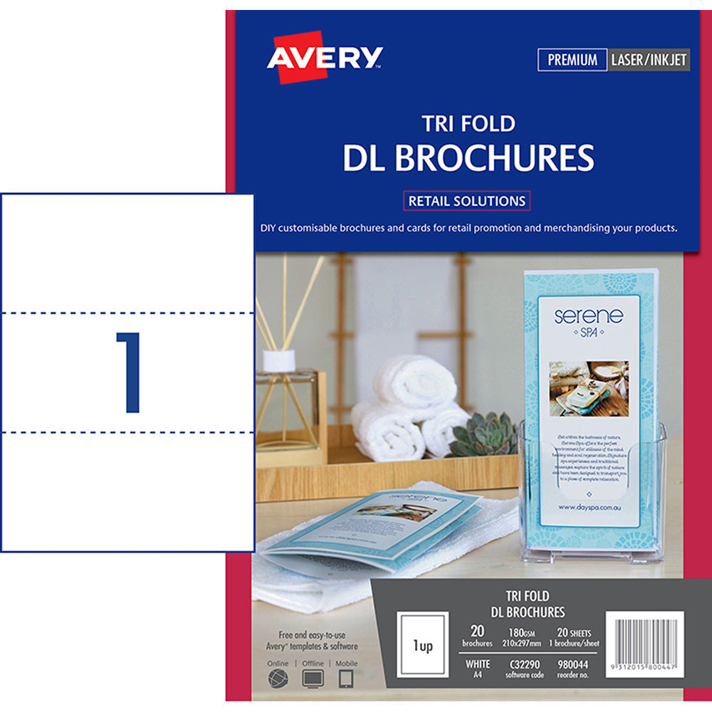 Avery Brochures  Tri Fold DL A4 Inkjet Laser 1up 20 Sheets - Cafe Supply