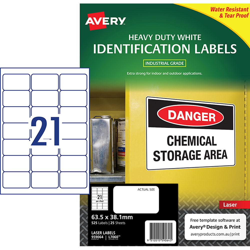 Avery Heavy Duty ID Label L7060 White Laser 63.5x38.1mm 21up 25 Sheets - Cafe Supply