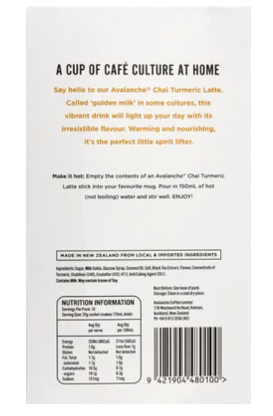 Avalanche Cafe Style Chai Turmeric Latte Sticks 10 x 20g - Cafe Supply