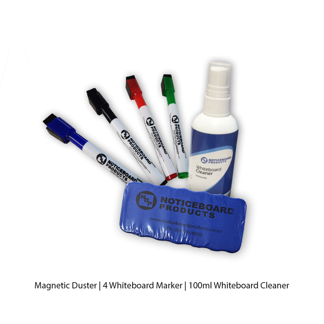 Whiteboard Accessory Kit | Magnetic Duster | 1x pkt Whiteboard Markers | 100ml Whiteboard Cleaner