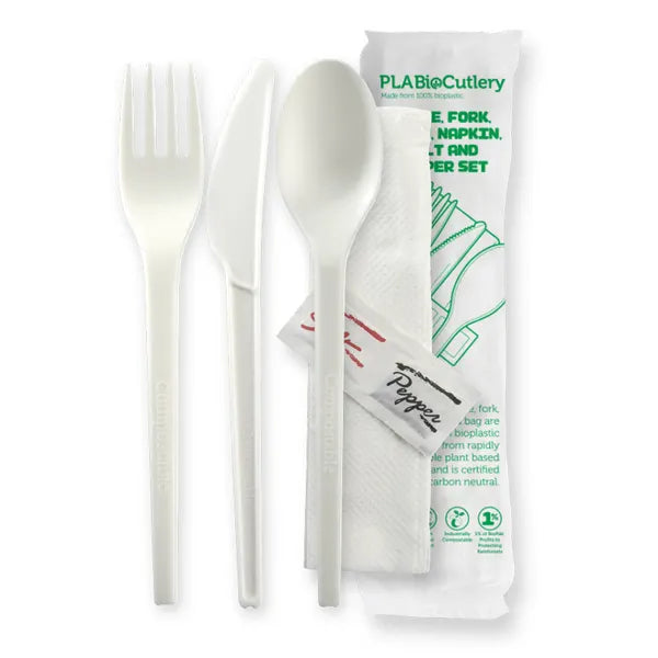 16.5cm / 6.5" PLA Knife, Fork, Spoon, Napkin, Salt & Pepper Set