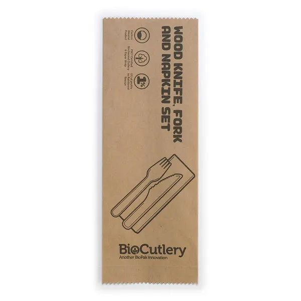 16cm Coated Wood Knife, Fork & Napkin Set - Cafe Supply