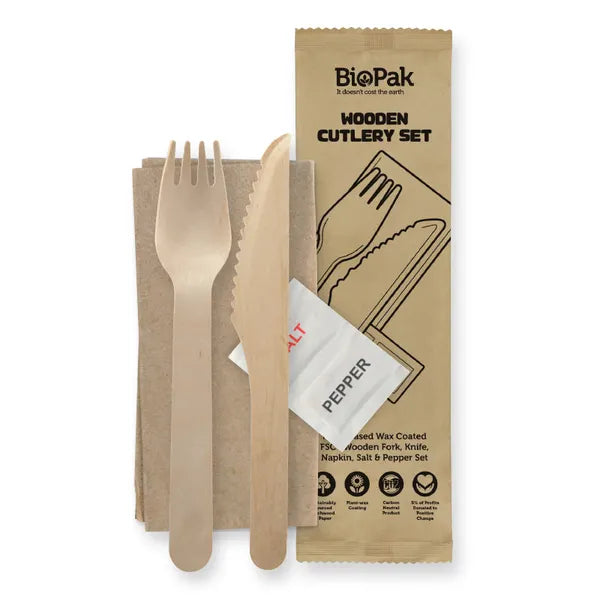 16cm Coated Wood Knife, Fork, Napkin, Salt & Pepper Set