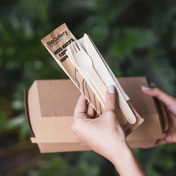 16cm Coated Wood Knife, Fork & Napkin Set - Cafe Supply