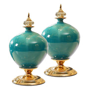 SOGA 2X 38cm Ceramic Oval Flower Vase with Gold Metal Base Green