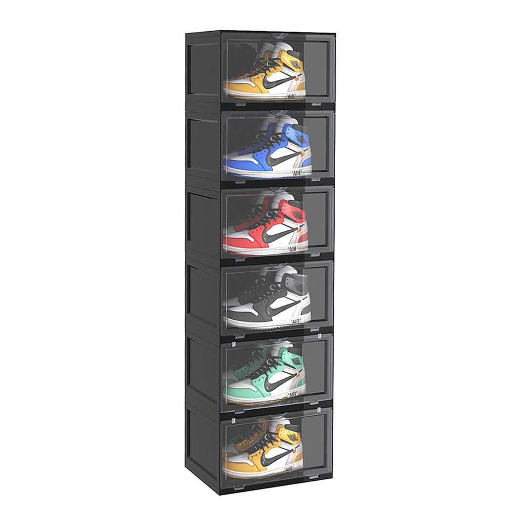 SOGA 6 Tier Black Portable Shoe Organiser Sneaker Footwear Folding Plastic Bin Stackable Storage Box with Magnetic Door
