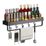 SOGA 52cm Black Wall-Mounted Rectangular Kitchen Spice Storage Organiser Space Saving Condiments Shelf Rack with Hooks