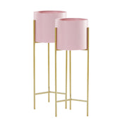SOGA 2X 2 Layer 42cm Gold Metal Plant Stand with Pink Flower Pot Holder Corner Shelving Rack Indoor Display