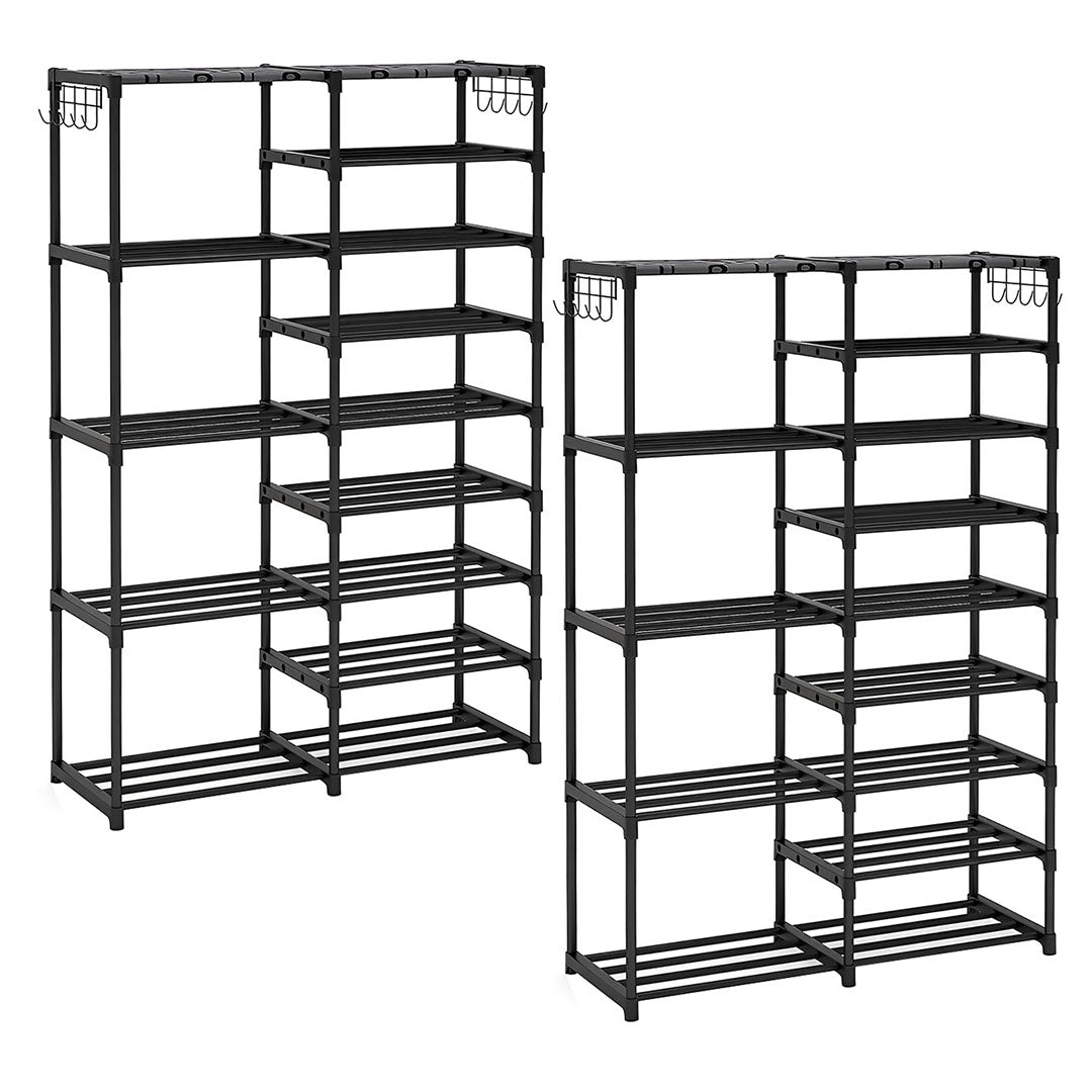 SOGA 2X 16-Shelf Tier Shoe Storage Shelf Space-Saving Caddy Rack Organiser with Side Hooks Black