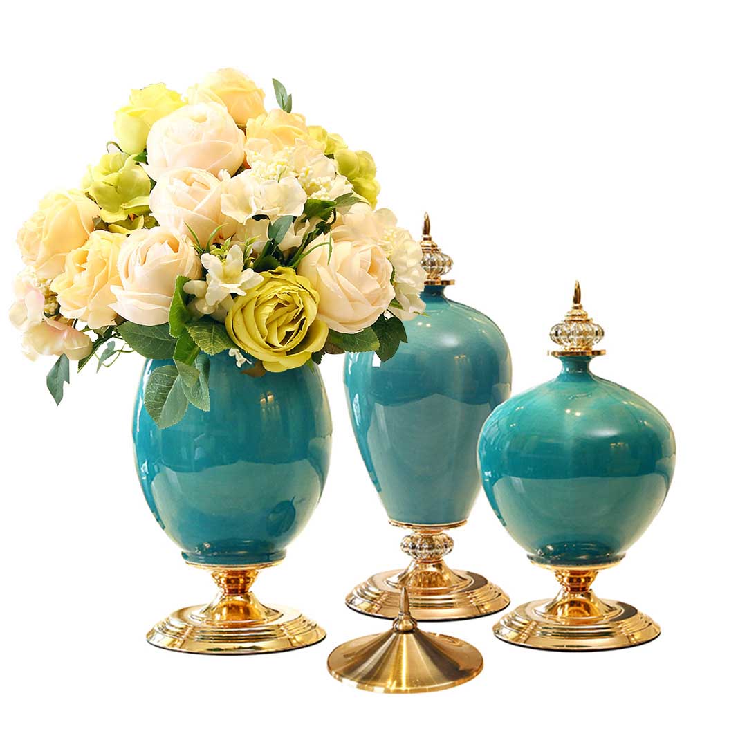 SOGA 3X Ceramic Oval Flower Vase with White Flower Set Green