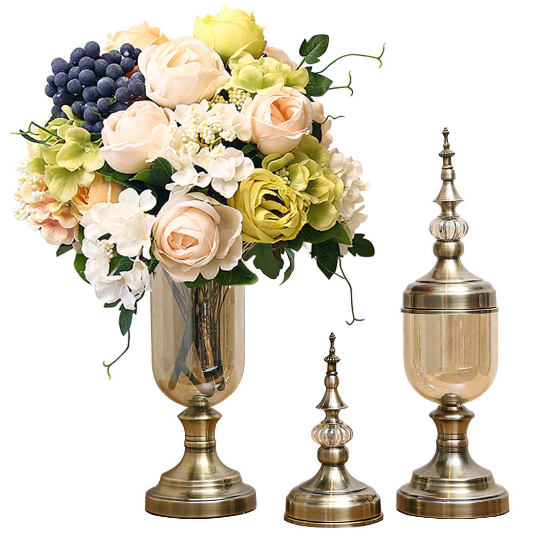 SOGA 2X Clear Glass Flower Vase with Lid and White Flower Filler Vase Bronze Set