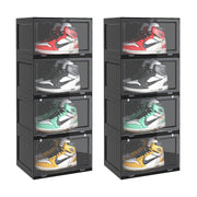 SOGA 2X 4 Tier Black Portable Shoe Organiser Sneaker Footwear Folding Plastic Bin Stackable Storage Box with Magnetic Door