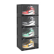 SOGA 4 Tier Black Portable Shoe Organiser Sneaker Footwear Folding Plastic Bin Stackable Storage Box with Magnetic Door