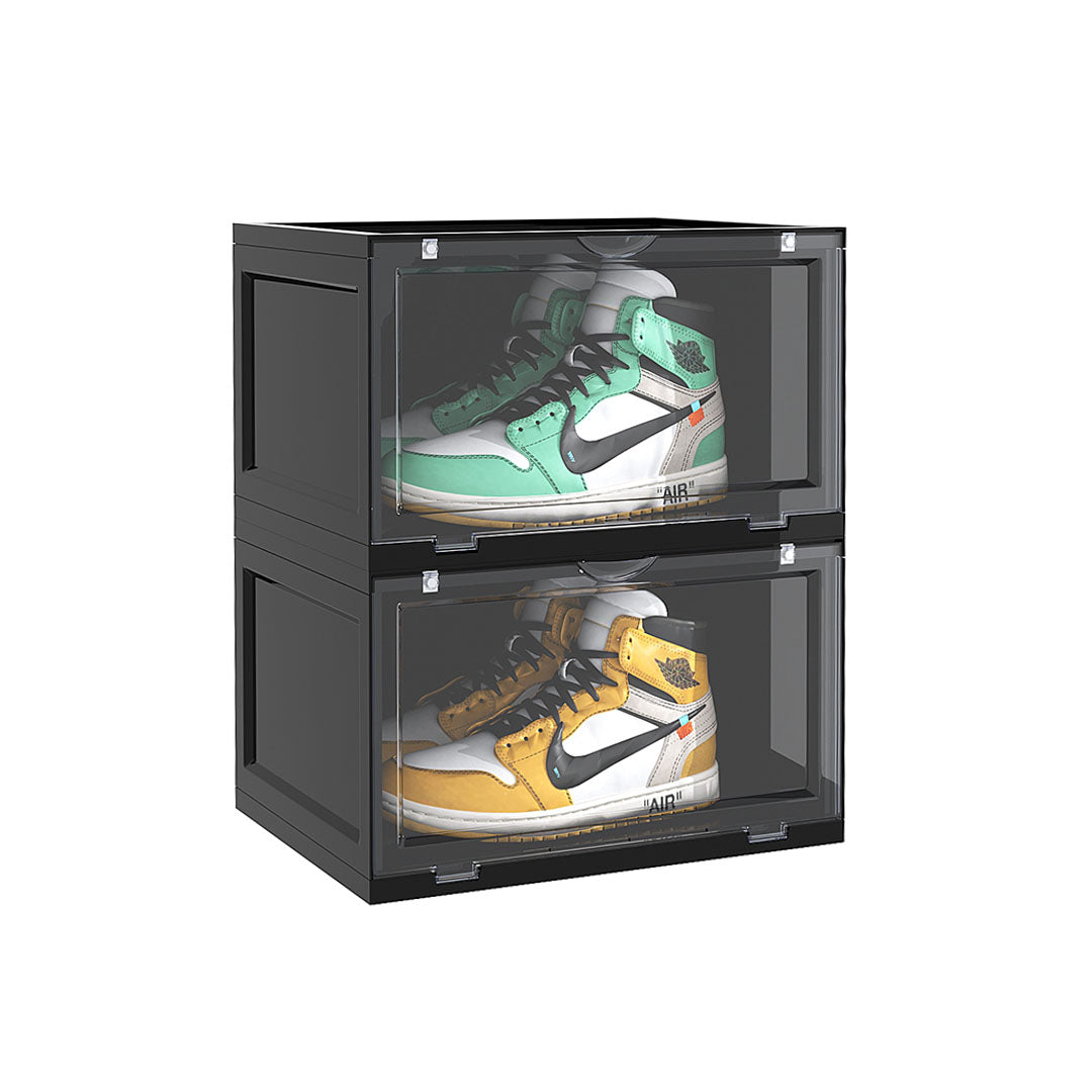 SOGA 2 Tier Black Portable Shoe Organiser Sneaker Footwear Folding Plastic Bin Stackable Storage Box with Magnetic Door