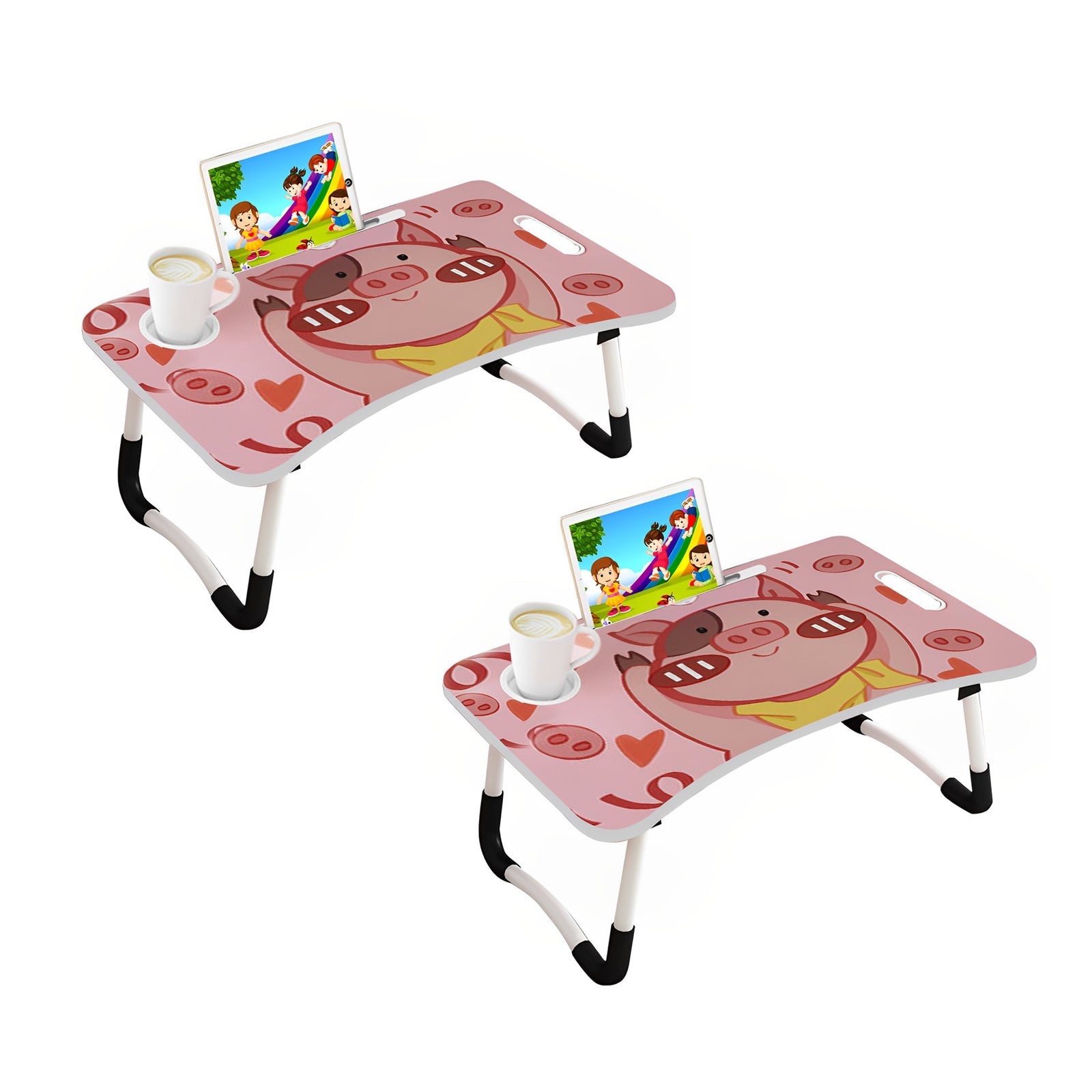 SOGA 2X Cute Pig Design Portable Bed Table Adjustable Foldable Bed Sofa Study Table Laptop Mini Desk with Drawer and Cup Slot Home Decor