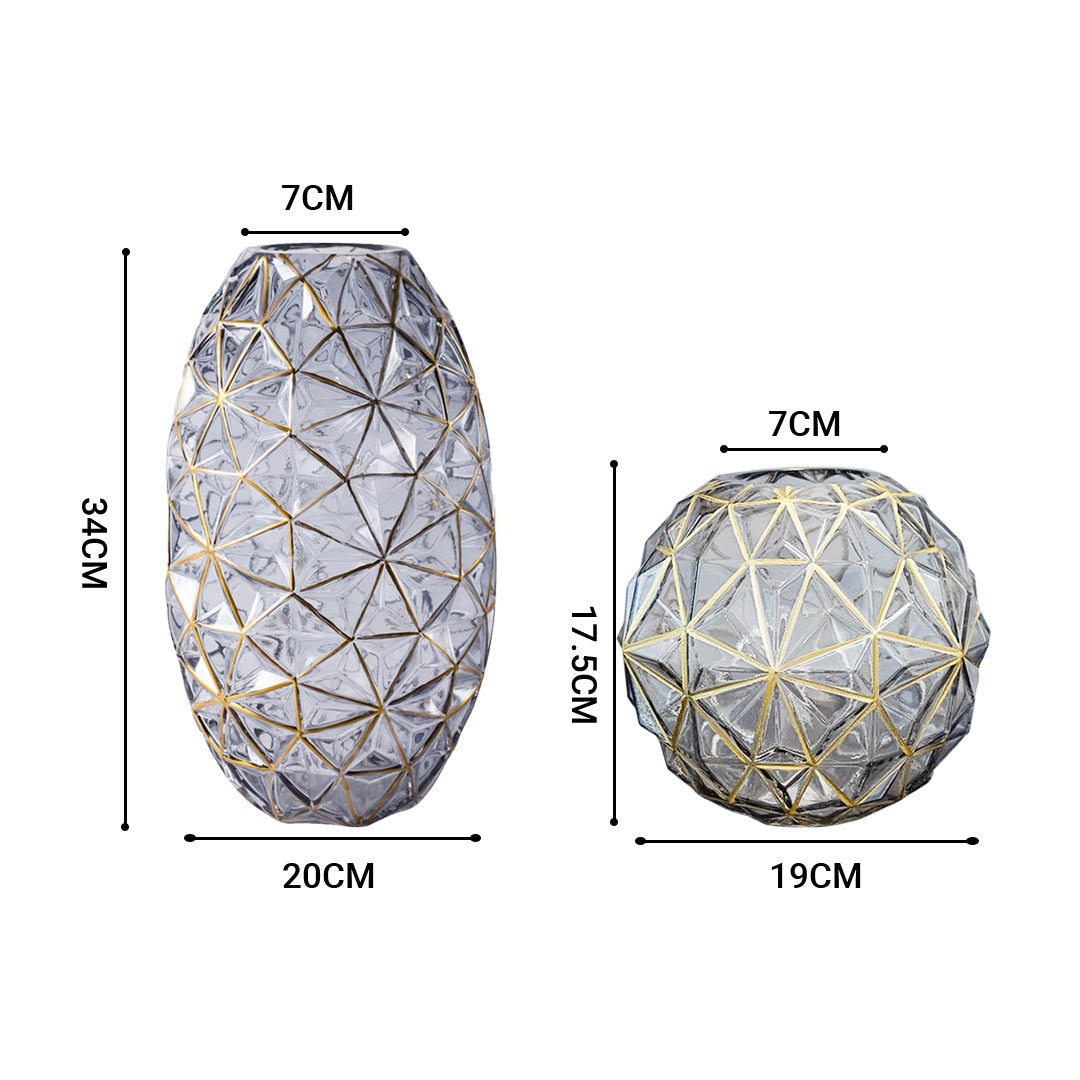 SOGA 2X Grey Colored Diamond Cut Glass Flower Vase Round Jar Home Decor with Gold Accent Large and Medium Set