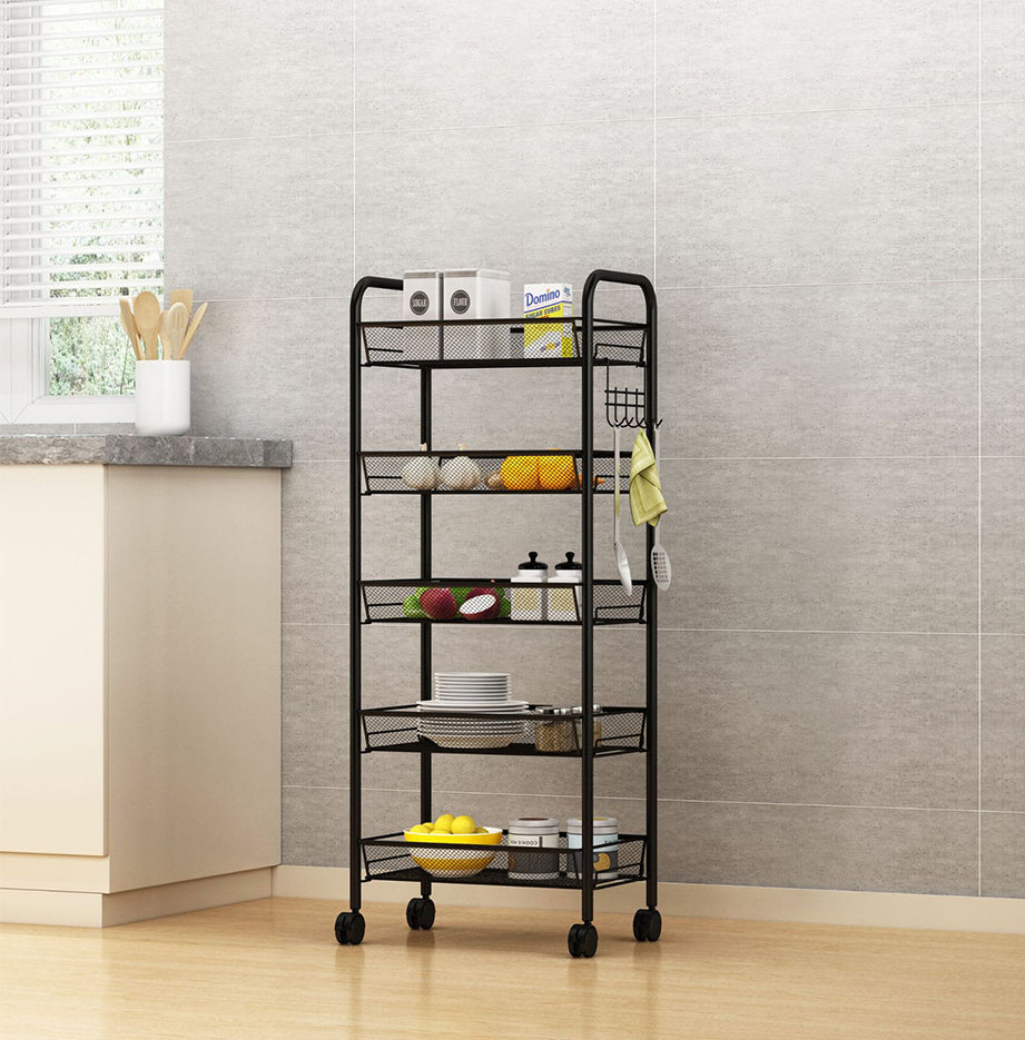 SOGA 2X 5 Tier Steel Black Bee Mesh Kitchen Cart Multi-Functional Shelves Portable Storage Organizer with Wheels