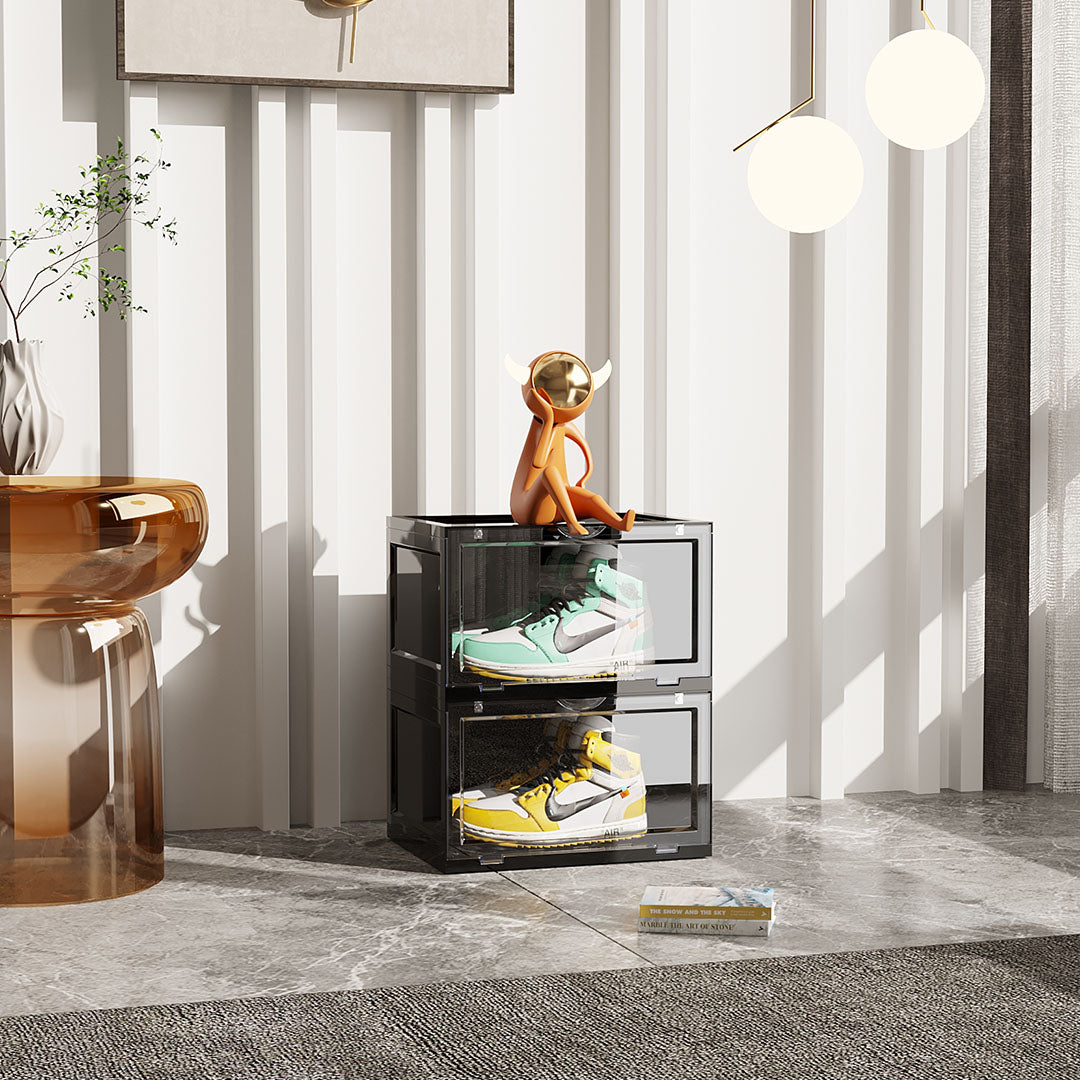 SOGA 2X 2 Tier Black Portable Shoe Organiser Sneaker Footwear Folding Plastic Bin Stackable Storage Box with Magnetic Door