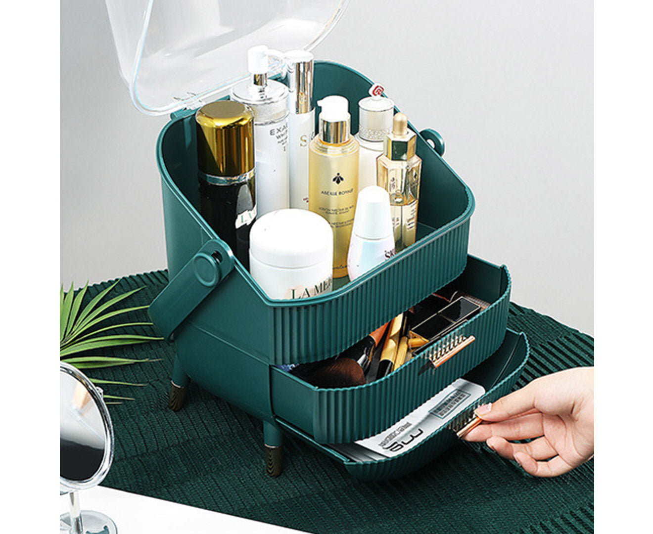 SOGA Green Cosmetic Jewelry Storage Organiser with Antler LED Light Mirror Tabletop Vanity Set
