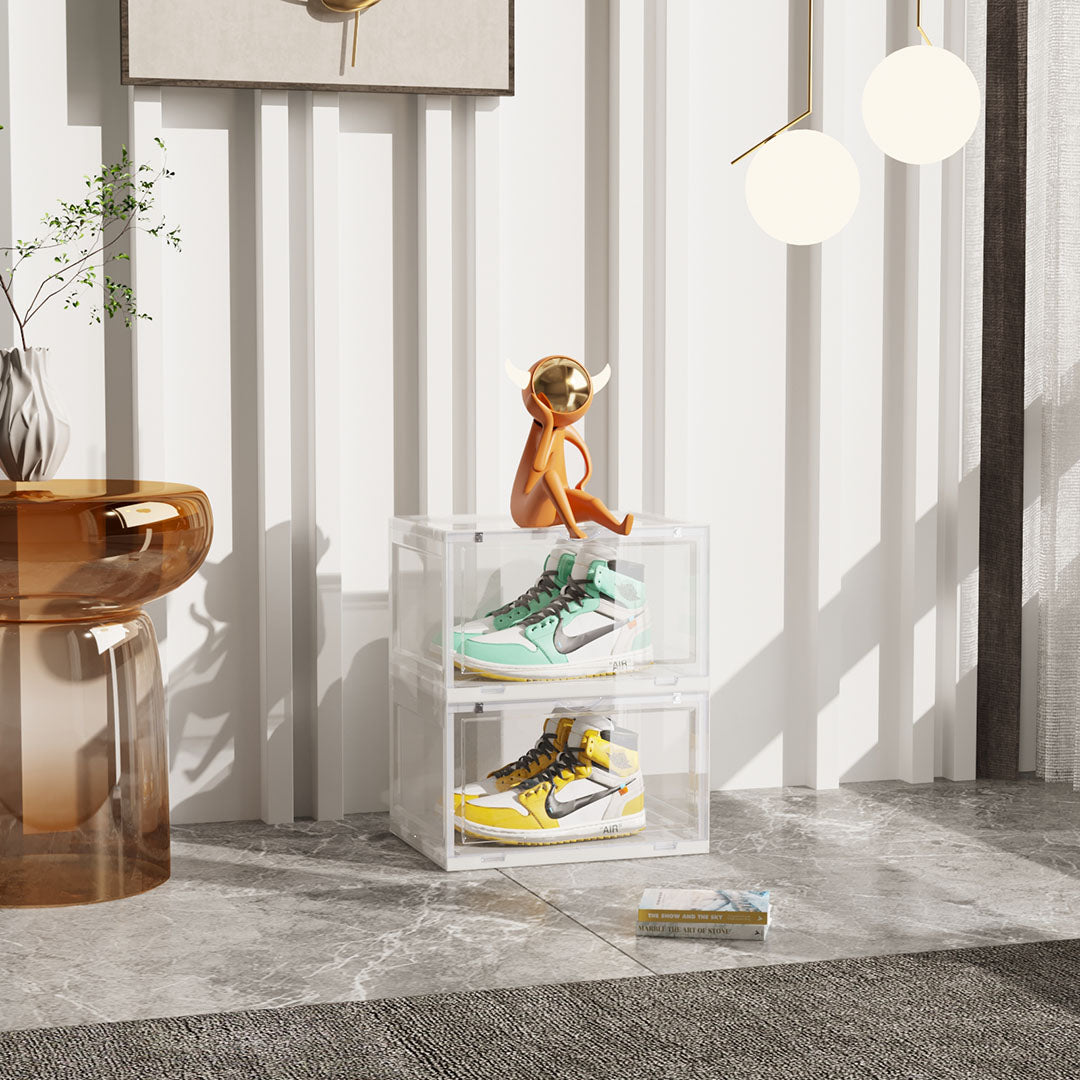 SOGA 2X 2 Tier Transparent Portable Shoe Organiser Sneaker Footwear Folding Plastic Bin Stackable Storage Box with Magnetic Door