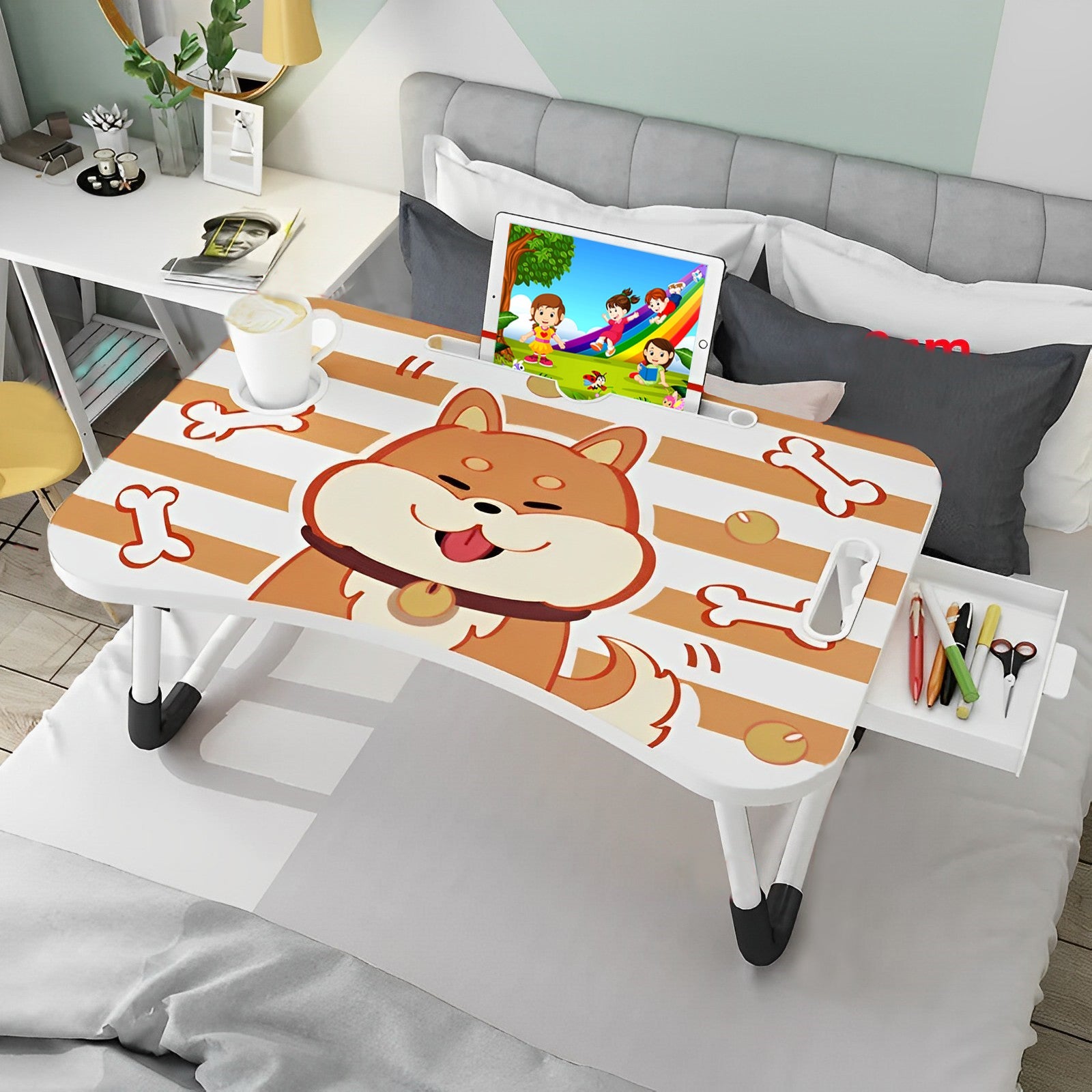 SOGA 2X Cute Dog Design Portable Bed Table Adjustable Foldable Bed Sofa Study Table Laptop Mini Desk with Drawer and Cup Slot Home Decor