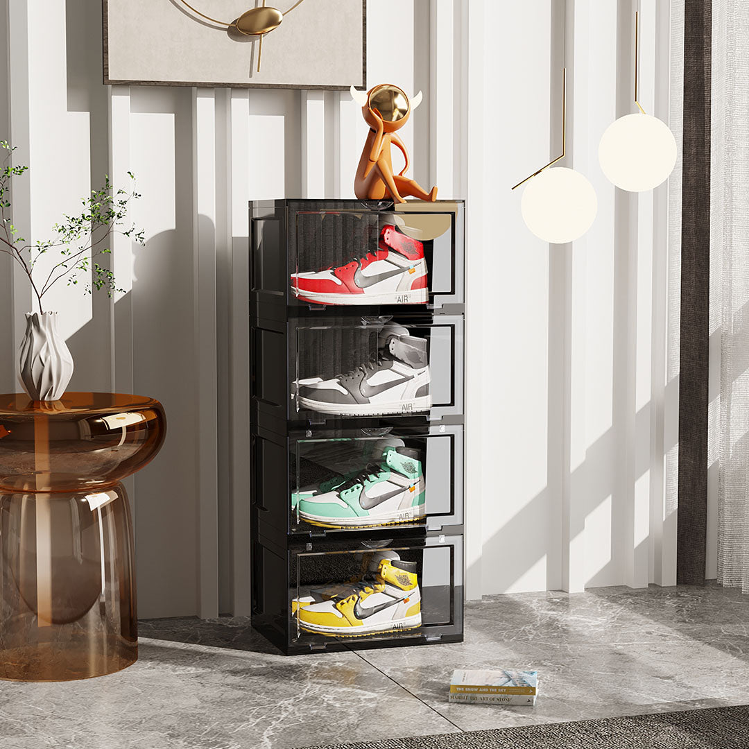 SOGA 2X 4 Tier Black Portable Shoe Organiser Sneaker Footwear Folding Plastic Bin Stackable Storage Box with Magnetic Door